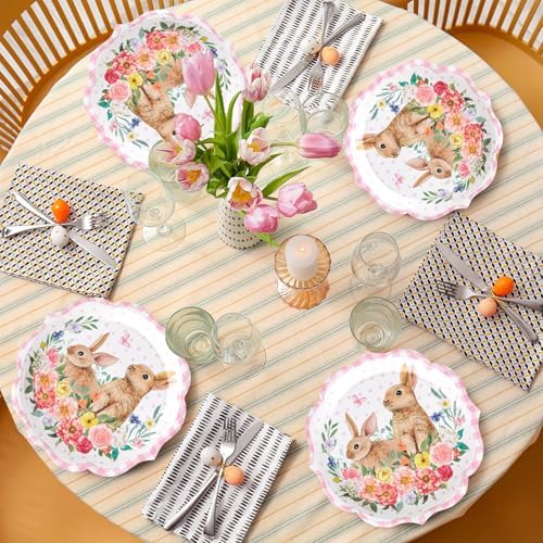 Platos Desechables FYSUIMU de 7 Pulgadas, 40 Pcs, con Diseño de Conejito de Pascua Rosa, Flores y Cuadros para Fiestas, Baby Shower y Cumpleaños - imagen 4
