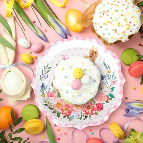 Platos Desechables FYSUIMU de 7 Pulgadas, 40 Pcs, con Diseño de Conejito de Pascua Rosa, Flores y Cuadros para Fiestas, Baby Shower y Cumpleaños - imagen 5