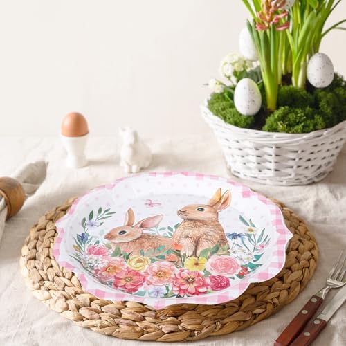 Platos Desechables FYSUIMU de 7 Pulgadas, 40 Pcs, con Diseño de Conejito de Pascua Rosa, Flores y Cuadros para Fiestas, Baby Shower y Cumpleaños - imagen 7