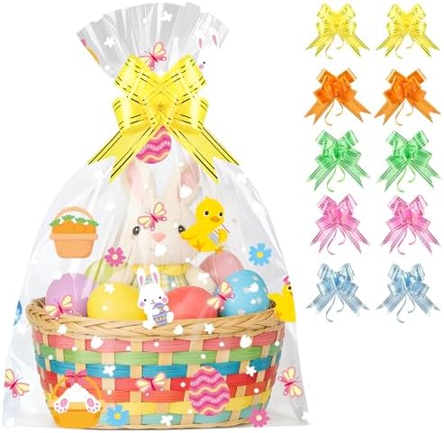 Paquete de 10 Bolsas de Cesta de Pascua ZYLOP con Lazos, 20x28 Pulgadas, Envoltura Grande de Celofán, Plástico Transparente de 2.8 Mil, Ideal para - imagen 1