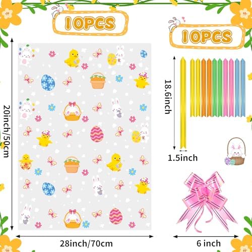 Paquete de 10 Bolsas de Cesta de Pascua ZYLOP con Lazos, 20x28 Pulgadas, Envoltura Grande de Celofán, Plástico Transparente de 2.8 Mil, Ideal para - imagen 2