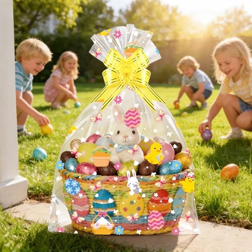 Paquete de 10 Bolsas de Cesta de Pascua ZYLOP con Lazos, 20x28 Pulgadas, Envoltura Grande de Celofán, Plástico Transparente de 2.8 Mil, Ideal para - imagen 7