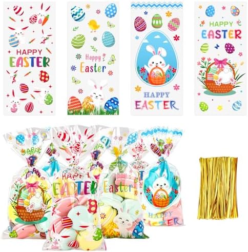 Atiloy 100 PZS Bolsas de Regalo para Pascua, Bolsas de Celofán con Conejito y Huevo, Decoración y Sorpresas para Fiestas de Pascua - imagen 1
