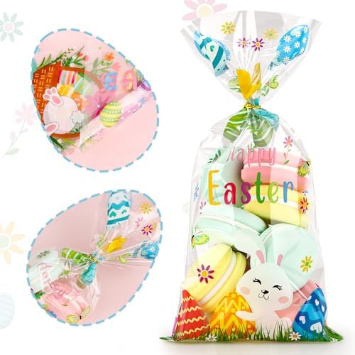 Atiloy 100 PZS Bolsas de Regalo para Pascua, Bolsas de Celofán con Conejito y Huevo, Decoración y Sorpresas para Fiestas de Pascua - imagen 4