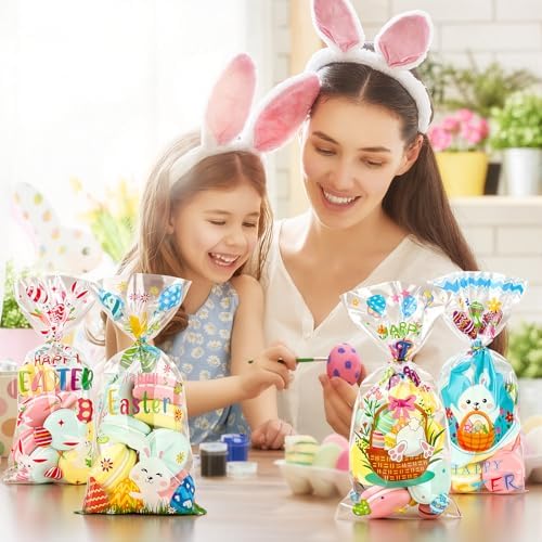 Atiloy 100 PZS Bolsas de Regalo para Pascua, Bolsas de Celofán con Conejito y Huevo, Decoración y Sorpresas para Fiestas de Pascua - imagen 5