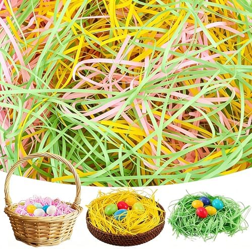 Paja de Papel para Pascua, 150g/5.3oz, Relleno de Canasta, Papel Arrugado en 3 Colores: Rosa, Verde y Amarillo, Ideal para Regalos y Fiestas - imagen 1