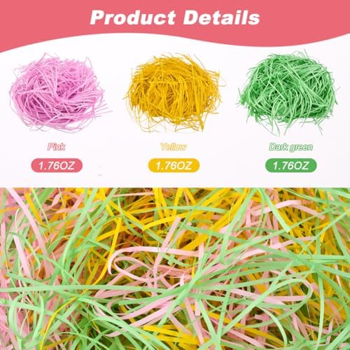 Paja de Papel para Pascua, 150g/5.3oz, Relleno de Canasta, Papel Arrugado en 3 Colores: Rosa, Verde y Amarillo, Ideal para Regalos y Fiestas - imagen 2
