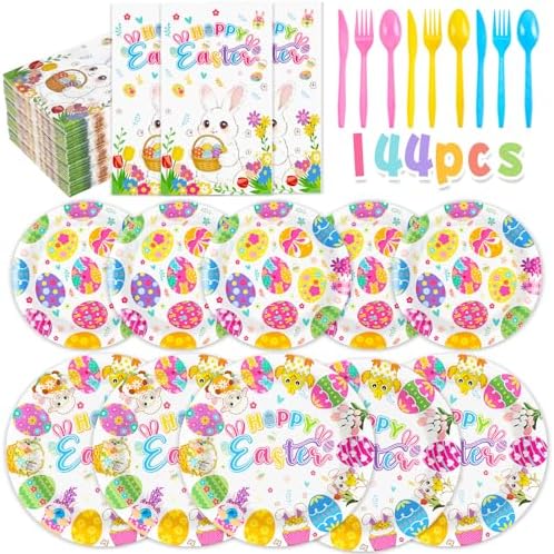 Juego de Platos y Servilletas Desechables RUEGGVAT para Pascua - 144 Piezas, Platos de 9 y 7, Cubiertos y Decoración de Conejitos y Huevos - - imagen 1