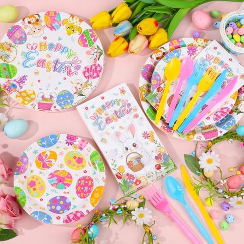 Juego de Platos y Servilletas Desechables RUEGGVAT para Pascua - 144 Piezas, Platos de 9 y 7, Cubiertos y Decoración de Conejitos y Huevos - - imagen 2