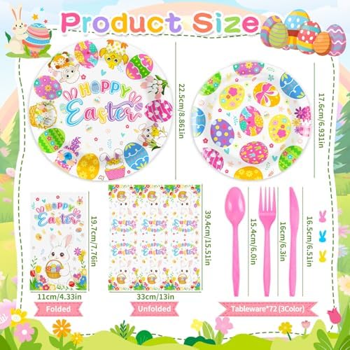 Juego de Platos y Servilletas Desechables RUEGGVAT para Pascua - 144 Piezas, Platos de 9 y 7, Cubiertos y Decoración de Conejitos y Huevos - - imagen 3