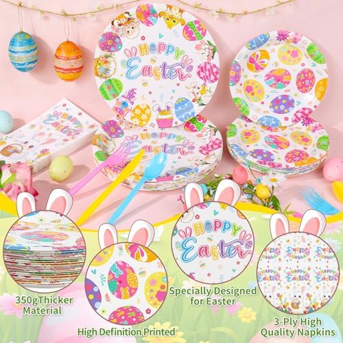 Juego de Platos y Servilletas Desechables RUEGGVAT para Pascua - 144 Piezas, Platos de 9 y 7, Cubiertos y Decoración de Conejitos y Huevos - - imagen 4