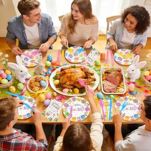 Juego de Platos y Servilletas Desechables RUEGGVAT para Pascua - 144 Piezas, Platos de 9 y 7, Cubiertos y Decoración de Conejitos y Huevos - - imagen 5