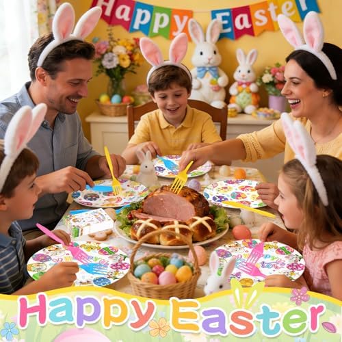 Juego de Platos y Servilletas Desechables RUEGGVAT para Pascua - 144 Piezas, Platos de 9 y 7, Cubiertos y Decoración de Conejitos y Huevos - - imagen 6