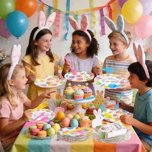 Juego de Platos y Servilletas Desechables RUEGGVAT para Pascua - 144 Piezas, Platos de 9 y 7, Cubiertos y Decoración de Conejitos y Huevos - - imagen 7