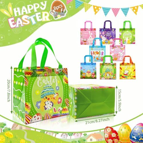 Bolsas de Pascua RIMYIUKU para Niños, 8 Piezas, Reutilizables, No Tejidas, para Fiesta de Búsqueda de Huevos, 7.8x8.2x5.9 Pulgadas - imagen 2