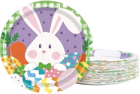 Platos Desechables de Papel LDFDRT para Pascua, 50 Pcs, 7 Pulgadas, Decoración de Fiesta con Huevos y Conejitos, Platos Morados para Adultos y Niños - imagen 1