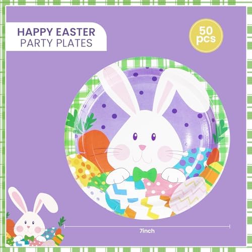 Platos Desechables de Papel LDFDRT para Pascua, 50 Pcs, 7 Pulgadas, Decoración de Fiesta con Huevos y Conejitos, Platos Morados para Adultos y Niños - imagen 2