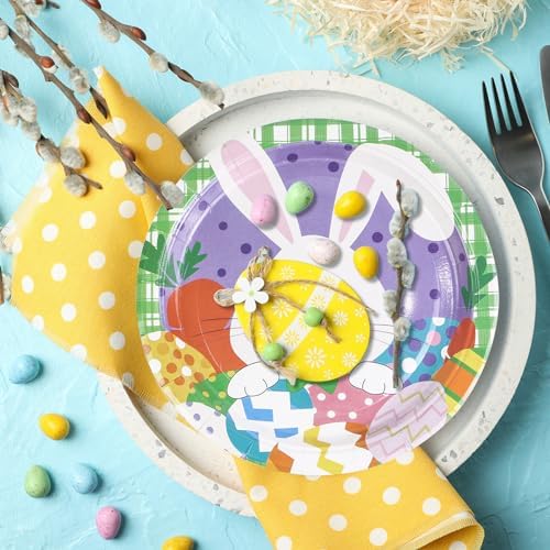 Platos Desechables de Papel LDFDRT para Pascua, 50 Pcs, 7 Pulgadas, Decoración de Fiesta con Huevos y Conejitos, Platos Morados para Adultos y Niños - imagen 3