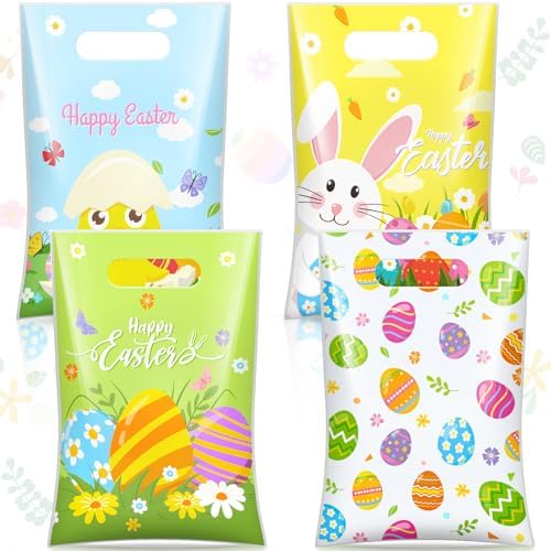 Bolsas de Regalo de Pascua Wesnoy de 48 Piezas con Asas, 6.7 x 9.8 Pulgadas, Bolsas de Plástico para Fiesta de Caza de Huevos, 4 Diseños - imagen 1