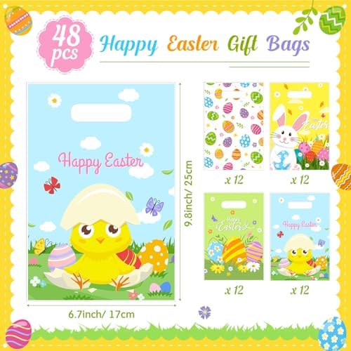 Bolsas de Regalo de Pascua Wesnoy de 48 Piezas con Asas, 6.7 x 9.8 Pulgadas, Bolsas de Plástico para Fiesta de Caza de Huevos, 4 Diseños - imagen 2