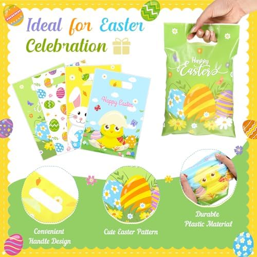 Bolsas de Regalo de Pascua Wesnoy de 48 Piezas con Asas, 6.7 x 9.8 Pulgadas, Bolsas de Plástico para Fiesta de Caza de Huevos, 4 Diseños - imagen 3