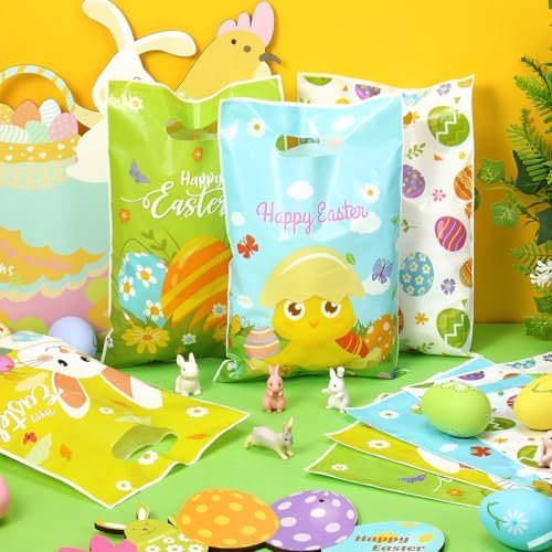 Bolsas de Regalo de Pascua Wesnoy de 48 Piezas con Asas, 6.7 x 9.8 Pulgadas, Bolsas de Plástico para Fiesta de Caza de Huevos, 4 Diseños - imagen 4