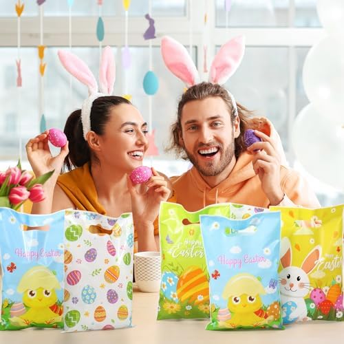 Bolsas de Regalo de Pascua Wesnoy de 48 Piezas con Asas, 6.7 x 9.8 Pulgadas, Bolsas de Plástico para Fiesta de Caza de Huevos, 4 Diseños - imagen 6
