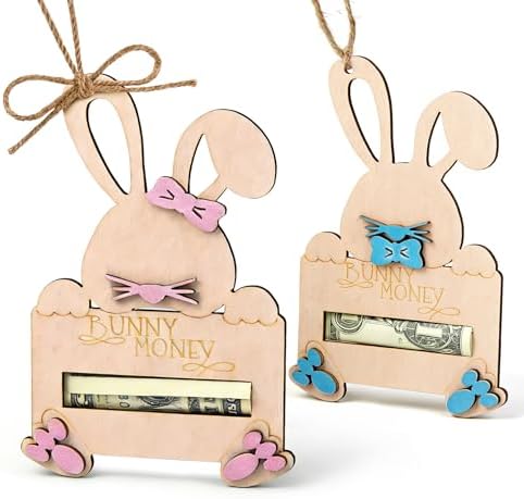 2 Piezas de Sujetadores de Dinero Conejito de Pascua con Cuerda, Soporte de Madera para Regalos en Cesta de Pascua, Tarjetas de Regalo para Niños y - imagen 1