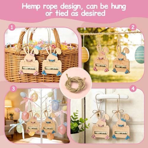 2 Piezas de Sujetadores de Dinero Conejito de Pascua con Cuerda, Soporte de Madera para Regalos en Cesta de Pascua, Tarjetas de Regalo para Niños y - imagen 4