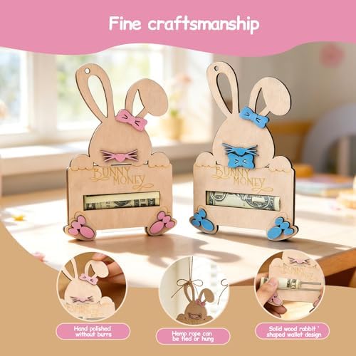 2 Piezas de Sujetadores de Dinero Conejito de Pascua con Cuerda, Soporte de Madera para Regalos en Cesta de Pascua, Tarjetas de Regalo para Niños y - imagen 5