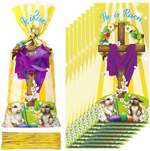 Fovths 100 Bolsas de Plástico para Dulces de Pascua, Bolsas de Celofán Transparentes con Mensaje Él ha Resucitado y 100 Cierres Dorados para Fiestas - imagen 1
