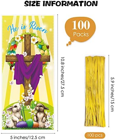 Fovths 100 Bolsas de Plástico para Dulces de Pascua, Bolsas de Celofán Transparentes con Mensaje Él ha Resucitado y 100 Cierres Dorados para Fiestas - imagen 2