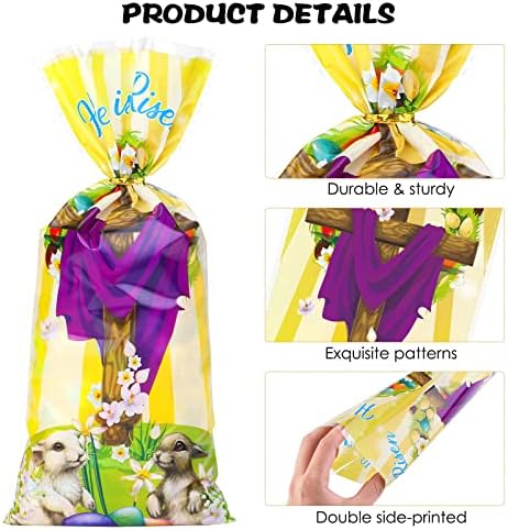 Fovths 100 Bolsas de Plástico para Dulces de Pascua, Bolsas de Celofán Transparentes con Mensaje Él ha Resucitado y 100 Cierres Dorados para Fiestas - imagen 3