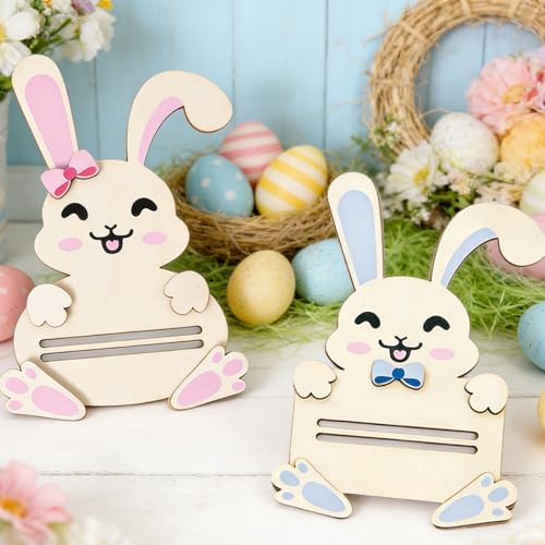 2 Piezas de Soporte para Tarjetas de Regalo de Pascua, Decoraciones de Conejitos de Madera Rosa y Azul, Sorpresas para Cesta de Pascua para - imagen 4