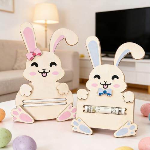 2 Piezas de Soporte para Tarjetas de Regalo de Pascua, Decoraciones de Conejitos de Madera Rosa y Azul, Sorpresas para Cesta de Pascua para - imagen 5