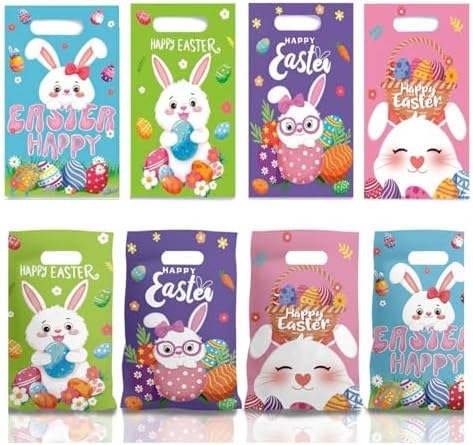 Bolsa de Plástico Lanfixilly para Pascua, 50 Piezas, 4 Diseños de Bolsas de Regalo con Asa para Caza de Huevos y Fiestas Infantiles - imagen 1