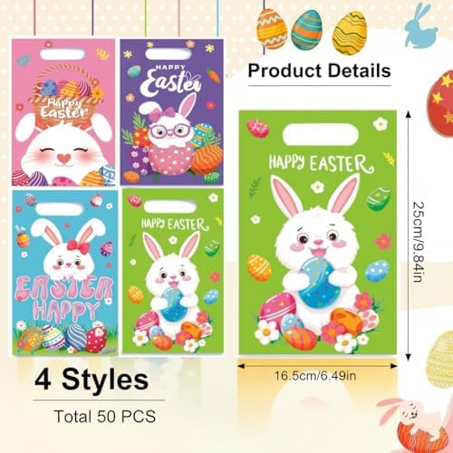 Bolsa de Plástico Lanfixilly para Pascua, 50 Piezas, 4 Diseños de Bolsas de Regalo con Asa para Caza de Huevos y Fiestas Infantiles - imagen 2