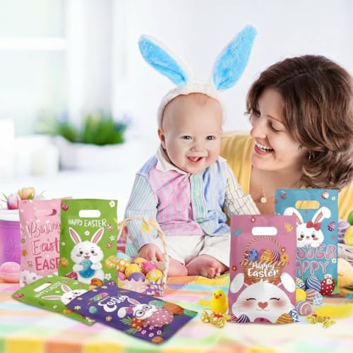 Bolsa de Plástico Lanfixilly para Pascua, 50 Piezas, 4 Diseños de Bolsas de Regalo con Asa para Caza de Huevos y Fiestas Infantiles - imagen 3