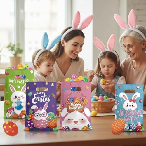 Bolsa de Plástico Lanfixilly para Pascua, 50 Piezas, 4 Diseños de Bolsas de Regalo con Asa para Caza de Huevos y Fiestas Infantiles - imagen 4