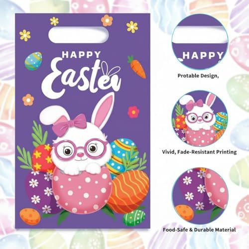 Bolsa de Plástico Lanfixilly para Pascua, 50 Piezas, 4 Diseños de Bolsas de Regalo con Asa para Caza de Huevos y Fiestas Infantiles - imagen 6