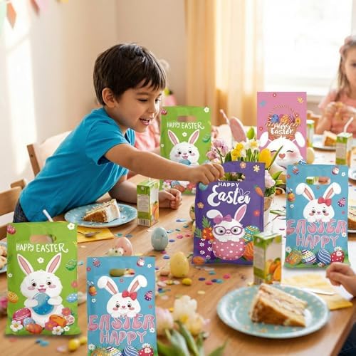 Bolsa de Plástico Lanfixilly para Pascua, 50 Piezas, 4 Diseños de Bolsas de Regalo con Asa para Caza de Huevos y Fiestas Infantiles - imagen 7