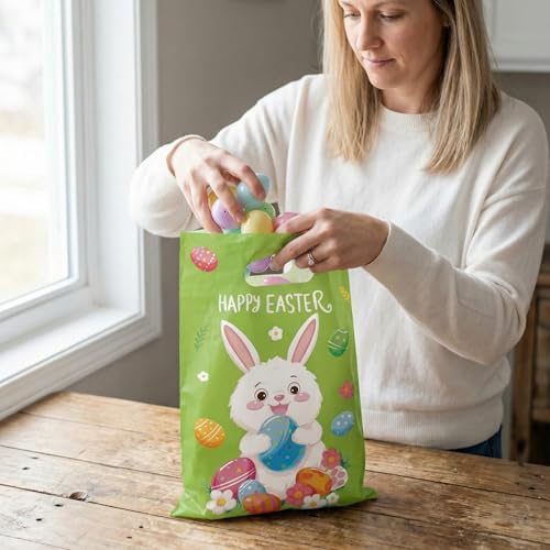 Bolsa de Plástico Lanfixilly para Pascua, 50 Piezas, 4 Diseños de Bolsas de Regalo con Asa para Caza de Huevos y Fiestas Infantiles - imagen 8