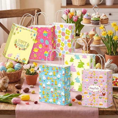 24 Piezas de Bolsas de Regalo de Pascua, Suministros para Fiesta, Bolsas de Papel con Asa, Bolsas de Conejo para Dulces y Sorprenditas para Niños en - imagen 5
