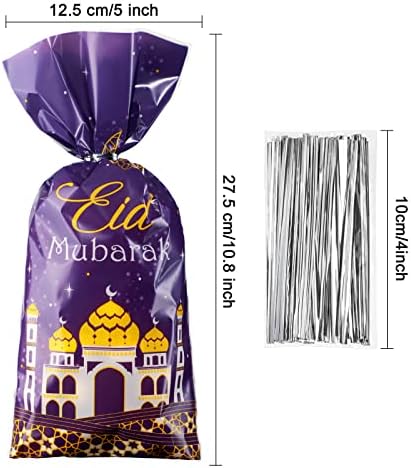 Bolsas de Regalo de Plástico Transparentes Blulu de 100 Pzs para Eid Mubarak, Diseño de Ramadán, con Cintas Plateadas (Púrpura y Dorado) - imagen 2