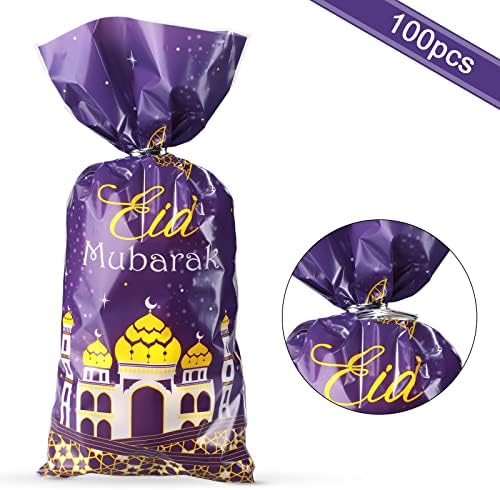 Bolsas de Regalo de Plástico Transparentes Blulu de 100 Pzs para Eid Mubarak, Diseño de Ramadán, con Cintas Plateadas (Púrpura y Dorado) - imagen 3