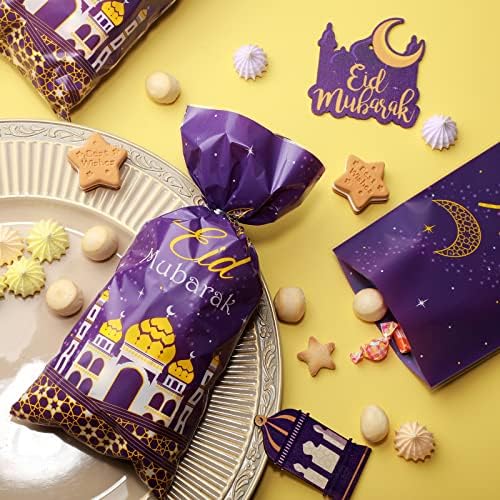 Bolsas de Regalo de Plástico Transparentes Blulu de 100 Pzs para Eid Mubarak, Diseño de Ramadán, con Cintas Plateadas (Púrpura y Dorado) - imagen 4