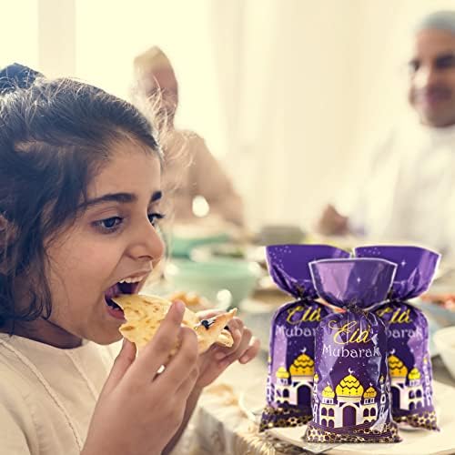 Bolsas de Regalo de Plástico Transparentes Blulu de 100 Pzs para Eid Mubarak, Diseño de Ramadán, con Cintas Plateadas (Púrpura y Dorado) - imagen 5