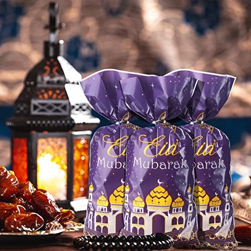 Bolsas de Regalo de Plástico Transparentes Blulu de 100 Pzs para Eid Mubarak, Diseño de Ramadán, con Cintas Plateadas (Púrpura y Dorado) - imagen 6