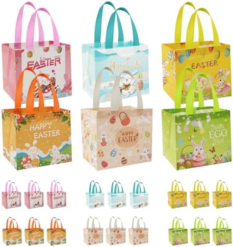 ZWQCCLG 18 Piezas de Bolsas de Regalo para Pascua, Patrones Coloridos de Conejito, Bolsas Reutilizables de No Tejido, Contenedores para Cesta de - imagen 1