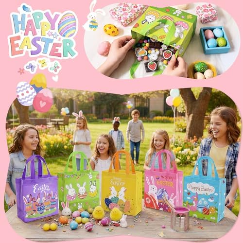 Bolsas de Regalo de Pascua Huachuang con Asas: Bolsas Reutilizables para Niños, Lindas Bolsitas para Dulces, Caza de Huevos y Sorprenditas, Paquete - imagen 6